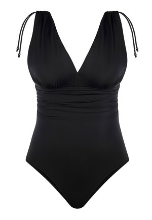 Czarny jednoczęściowy strój kąpielowy z głębokim dekoltem w kształcie V, regulowanymi ramiączkami i marszczonym detalem w talii.