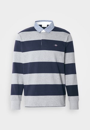 Navy and gray striped long-sleeve polo shirt with a contrasting blue chambray collar, featuring a small logo on the left chest.