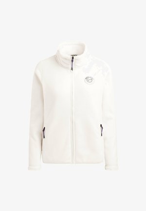 White fleece jacket with a high collar, zip closure, side pockets, and a circular logo. Smooth texture with soft inner lining and purple accents.