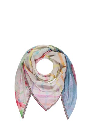 Lekka trójkątna chusta z wielokolorową pastelową kratką i kwiatowymi wzorami, delikatnie układana z ostrymi końcami.