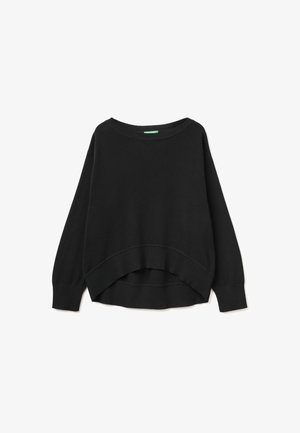 Maglione nero a maniche lunghe con scollo rotondo e orlo curvo, caratterizzato da polsini e orlo a coste.