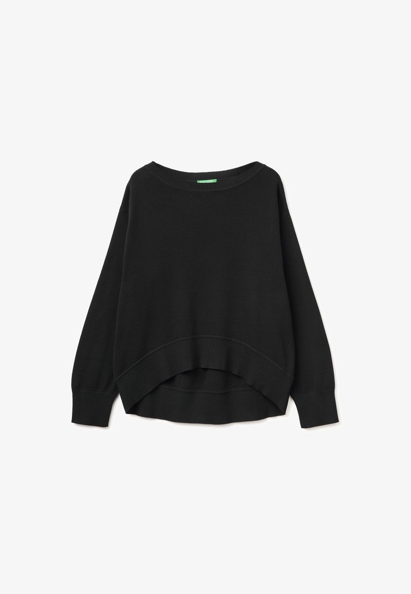 Zwarte trui met lange mouwen en ronde halslijn, voorzien van gebogen zoom en geribbelde boorden en zoomdetails.
