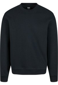 Schwarzes Sweatshirt aus Baumwollmischung, mit rundem Halsausschnitt, langen Ärmeln sowie gerippten Bündchen und Saum. Glatte Textur, ohne Muster oder Akzente.