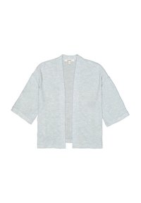 Lichtblauwe, korte kimono-jack met een ontspannen pasvorm. Gemaakt van zachte stof, met eenopen voorkant en een subtiele textuur.