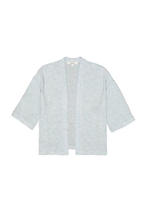 Lichtblauwe, korte kimono-jack met een ontspannen pasvorm. Gemaakt van zachte stof, met eenopen voorkant en een subtiele textuur.