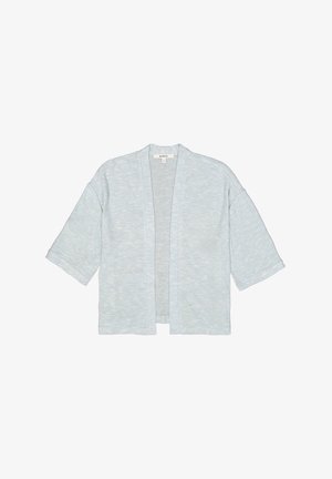 Lichtblauwe, korte kimono-jack met een ontspannen pasvorm. Gemaakt van zachte stof, met eenopen voorkant en een subtiele textuur.