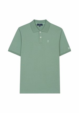 Hellgrünes kurzärmliges Poloshirt mit Kragen, zwei Knöpfen, kleinem überkreuztem Schläger- und Ball-Logo auf der Brust und Markenname am linken Ärmel.