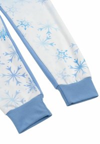 Pantaloni da pigiama bianchi con motivi di fiocchi di neve blu, con una leggerezza blu al polsino della caviglia. Tessuto liscio con una consistenza morbida.
