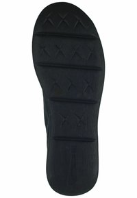 Semelle en caoutchouc noir dotée d'une surface texturée avec des rainures horizontales et des accents décoratifs pour une traction et une durabilité accrues.
