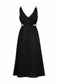 Schwarzes Maxikleid mit tiefem V-Ausschnitt, verstellbaren Trägern und tailliertem Schnitt. Hergestellt aus glattem Stoff mit einer fließenden A-Linien-Silhouette.