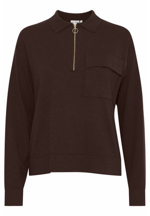 Pullover marrone a maniche lunghe in tessuto morbido, con colletto, zip a metà e tasca sul petto. Presenta hardware della zip in tono oro.