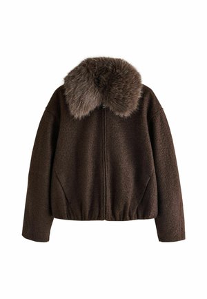 Braune Wollmischungjacke mit strukturierter Oberfläche, einem Kunstfellkragen und elastischem Saum; strukturierte Ärmel mit seitlichen Taschen.