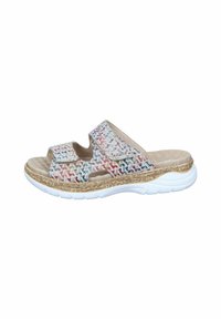 Sandale légère à glissière avec un motif tissé multicolore, des sangles beiges, des fermetures à crochets et boucles ajustables, et une semelle en caoutchouc blanche.