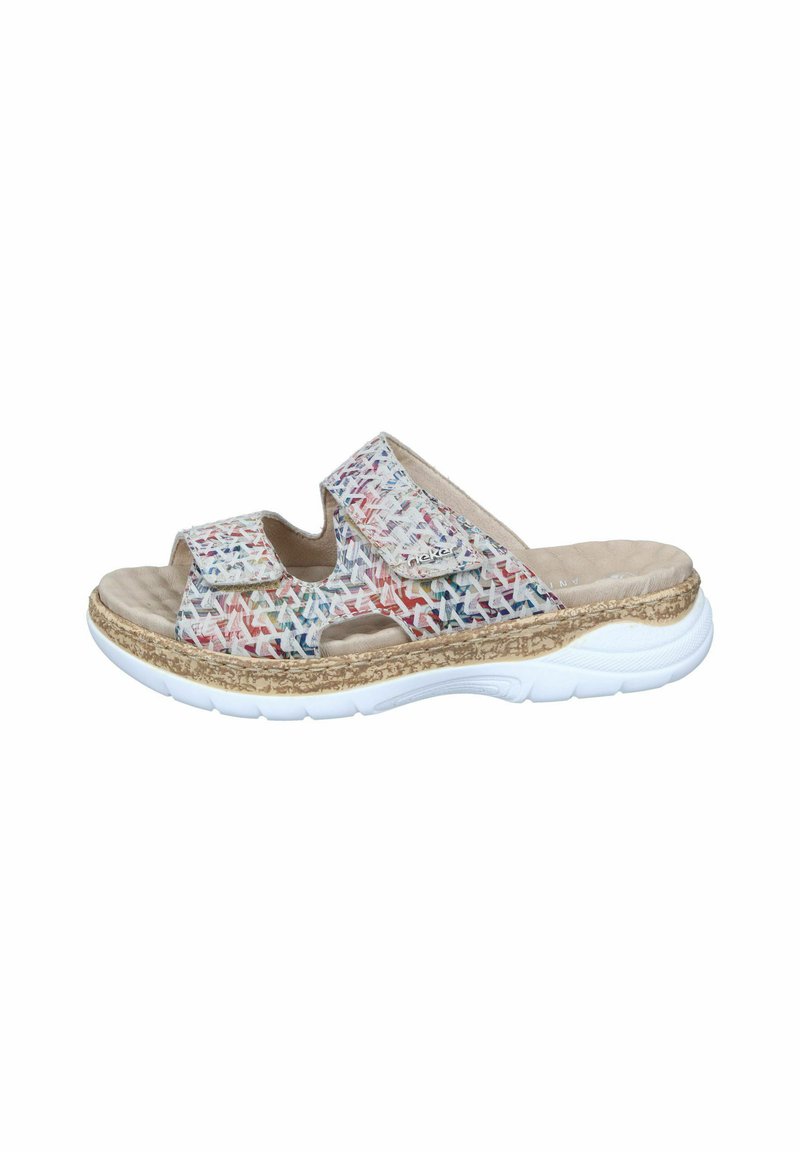 Sandale légère à glissière avec un motif tissé multicolore, des sangles beiges, des fermetures à crochets et boucles ajustables, et une semelle en caoutchouc blanche.