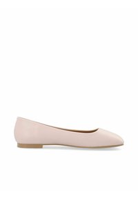 Helle rosa Ballettflats mit einem glatten Leder-Obermaterial, spitzer Zehenform, niedrigem Absatz und minimalistischem Design ohne Verzierungen oder Muster.