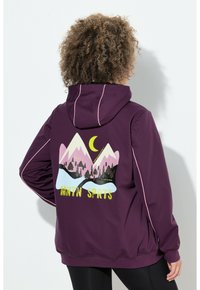 Purple hoodie featuring a mountain graphic in pink and black, "MINTN SPRTS" text in neon green, with pink stitching accents and a hood.