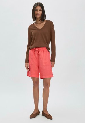 Brauner V-Ausschnitt-Pullover, hellrosa Shorts mit Kordelzug und zwei Taschen sowie braunen flachen Schuhen; durchgehend glatte Textur.