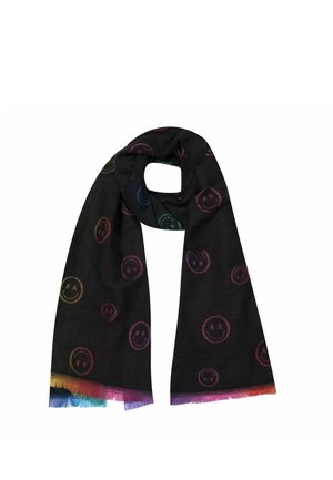 Schwarzer Schal mit mehrfarbig bestickten Smiley-Gesichtern und regenbogenfarbenen Fransen, zu einer Schlaufe gefaltet auf weißem Hintergrund.