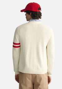 Maglione a maglia color crema con righe rosse sulla manica sinistra, polsini a coste e colletto rotondo, indossato sopra una camicia blu con colletto.