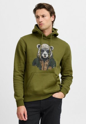 Olive green hoodie with a bear graphic wearing sunglasses and a jacket. Features a front pocket and drawstring hood. Soft cotton material.