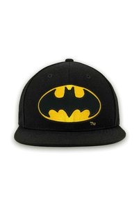 Black cap featuring a large yellow Batman logo at the front. The cap has a flat brim and a structured crown, made from textured fabric.