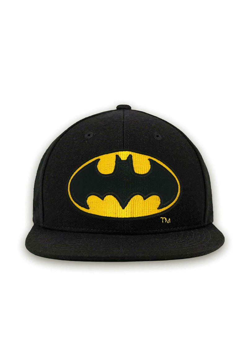 Black cap featuring a large yellow Batman logo at the front. The cap has a flat brim and a structured crown, made from textured fabric.