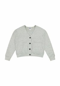 Ljusgrå cardigan i strukturerad stickad tyg, med V-ringning, långa ärmar och sex svarta knappar samt två framfickor.