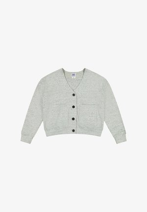 Hellgrauer Cardigan aus strukturiertem Strickstoff, mit V-Ausschnitt, langen Ärmeln und sechs schwarzen Knöpfen sowie zwei Fronttaschen.