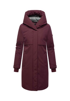 Burgundy insulated coat with a high collar, zip front, side pockets, and ribbed cuffs. Smooth fabric with a matte finish.
