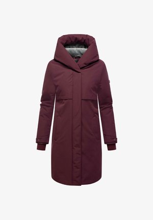 Bordo izoliuotas paltas su aukštu apykakle, užtrauktuku, šoninėmis kišenėmis ir buvo našle. Lygus audinys su matinėmis apdailomis.