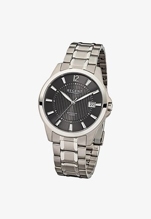 Silver metal wristwatch with black dial, silver hour markers, date window at 3 o'clock, and three hands indicating 10:10:36.