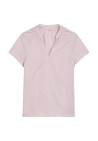 Helles Pink Kurzarm-Bluse mit V-Ausschnitt, weicher Textur und subtilen Raffungdetails an den Schultern. Flacher Vorderteil ohne Muster.