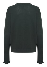 Tamnozeleni pleteni pulover s okruglim izrezom, dugim rukavima i nabranim manžetama. Glatka tekstura s laganom, prozračnom tkaninom.