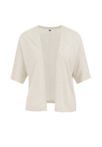 Béžový lehký kardigan s krátkými rukávy, otevřeným předním dílem a jemnou texturou. Design je jednoduchý bez zapínání nebo ozdob.