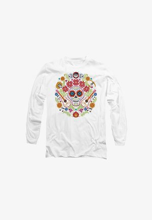 White long-sleeve shirt featuring a colorful, intricate sugar skull design with flowers, musical instruments, and decorative elements.