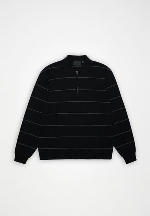 Black long-sleeve pullover with thin horizontal gray stripes and a half-zip collar, displayed flat on a white background.