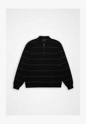 Black long-sleeve pullover with thin horizontal gray stripes and a half-zip collar, displayed flat on a white background.