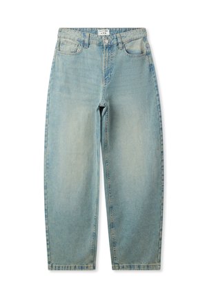 Jeans a vita alta di colore blu chiaro realizzati in denim, con un design a gamba dritta, cinque tasche e pochissima scoloritura.