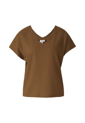 Haut pour femme marron à manches courtes texturé, avec un col en V et une coupe ample, avec une étiquette de marque visible au niveau de l'encolure.