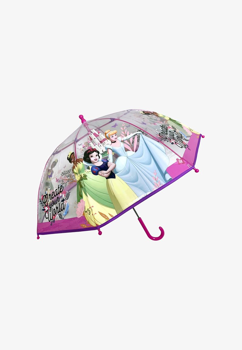 Clear umbrella with purple trim featuring Disney princess illustrations and floral graphics. Contoured handle for easy grip.