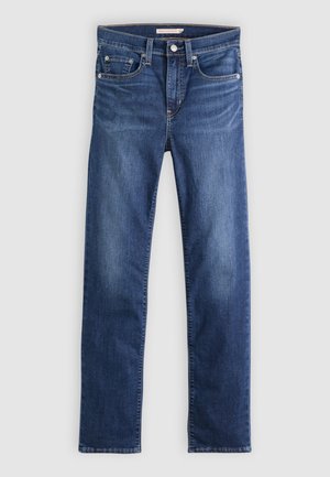 Blaue Denim-Jeans mit geradem Bein, vorderem Knopf und Reißverschluss, Fünf-Taschen-Design und leichter Verfärbung an den Oberschenkeln.