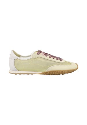Low-profile beige sneaker with white heel, red and white checkered laces, translucent side panels, and textured gum rubber sole.