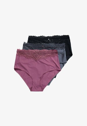 Tres bragas de talle alto en malva, gris pizarra y negro, cada una con una cintura decorativa de encaje, dispuestas sobre un fondo blanco.