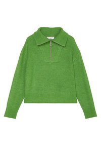 Pull en maille verte à manches longues, col côtelé, et demi-fermeture éclair à l'avant avec un tire-zip rond.