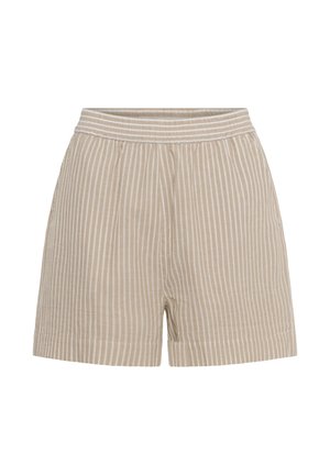 Beežid lühikesed püksid valgete vertikaalsete triipudega, elastse vöökoha ja lahtise lõikega, valgel taustal.