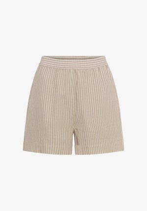 Beežid lühikesed püksid valgete vertikaalsete triipudega, elastse vöökoha ja lahtise lõikega, valgel taustal.