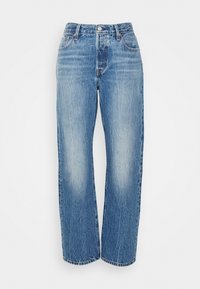 Blue straight-leg jeans with a faded wash, front button closure, and classic five-pocket design on a white background.