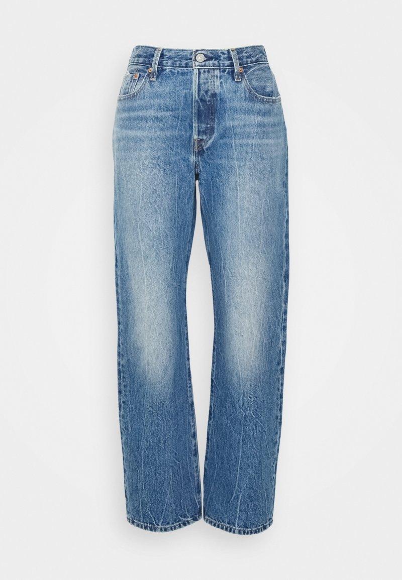 Blue straight-leg jeans with a faded wash, front button closure, and classic five-pocket design on a white background.