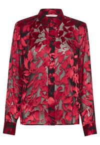 Rood en zwart bloempatronen blouson, gemaakt van doorschijnende stof met een glanzende afwerking, met een knoopsluiting aan de voorkant en lange mouwen.