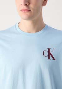 Světle modré bavlněné tričko s kulatým výstřihem a krátkými rukávy. Na levé části hrudi se nachází tmavě vínové logo "CK". Hladký povrch.
